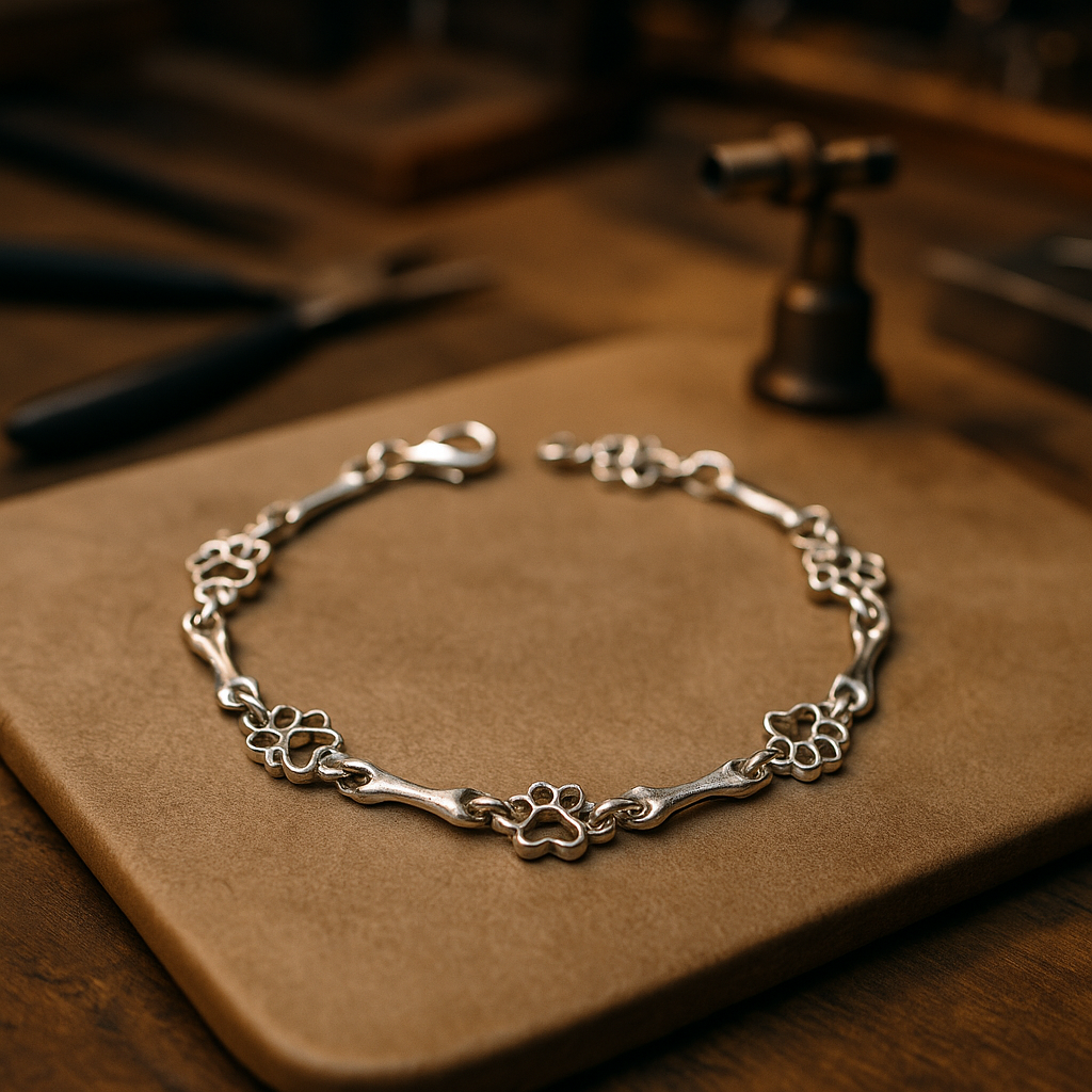 Bracelet en Édition Limitée avec Charms en Argent Pur en Forme de Patte de Chien et d'Os