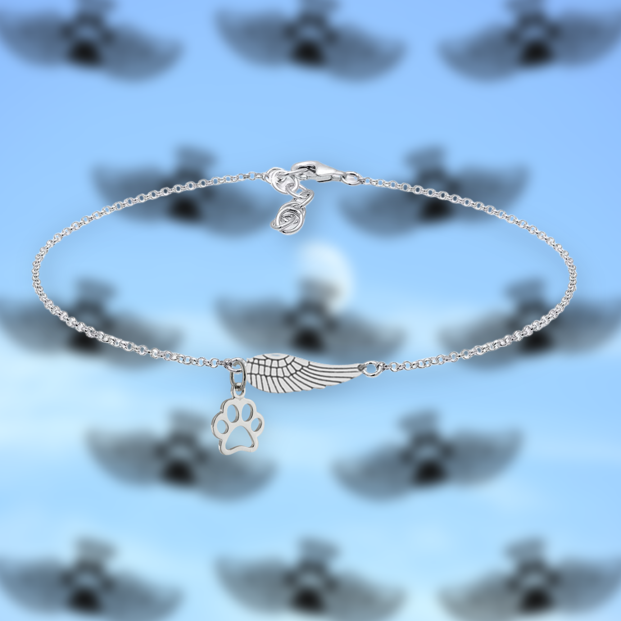 Bracelet commémoratif en argent avec aile d'ange et empreinte de patte | Fait main